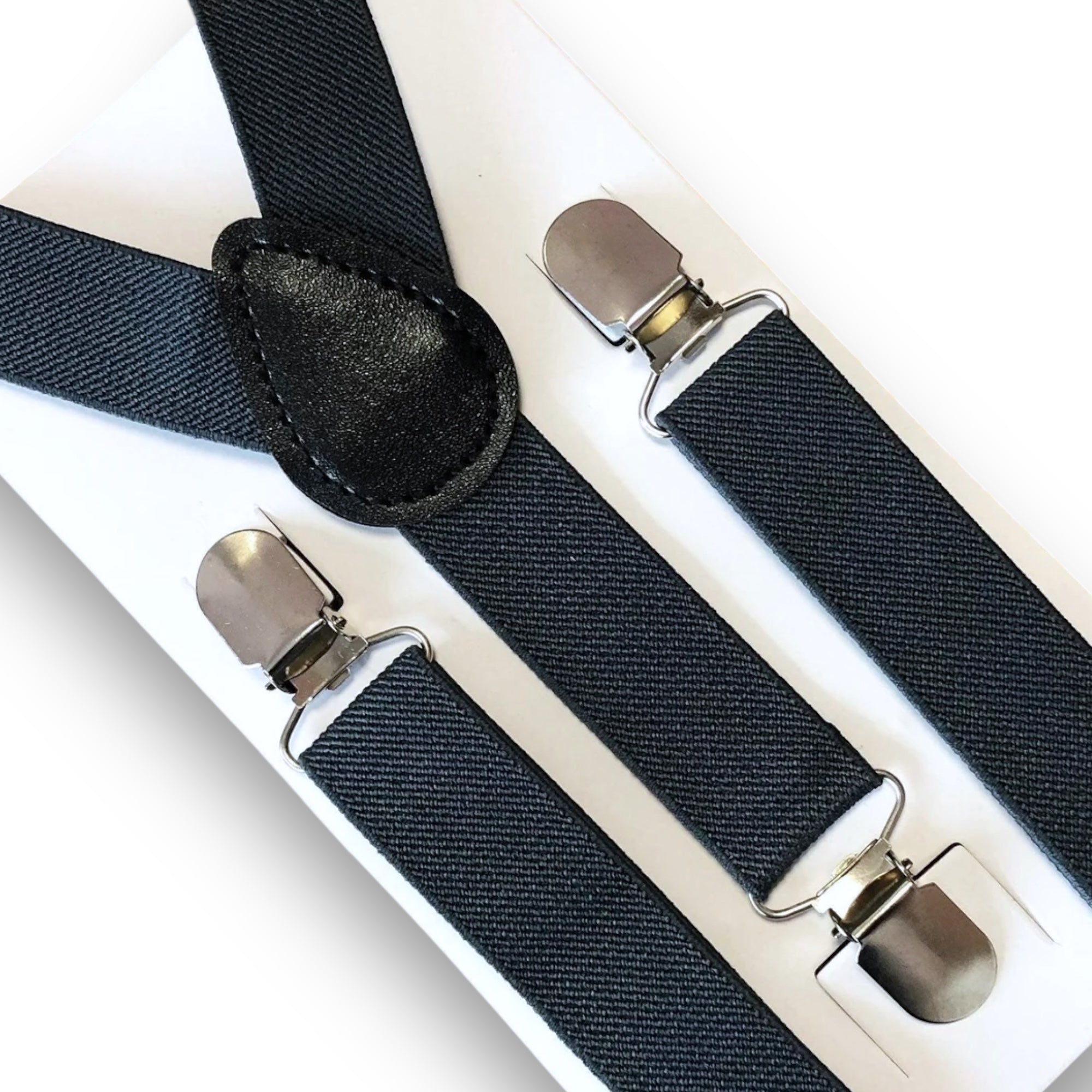 Dark Gray suspenders with silver clips on a white background for groomsmen, ring bearers and weddings.