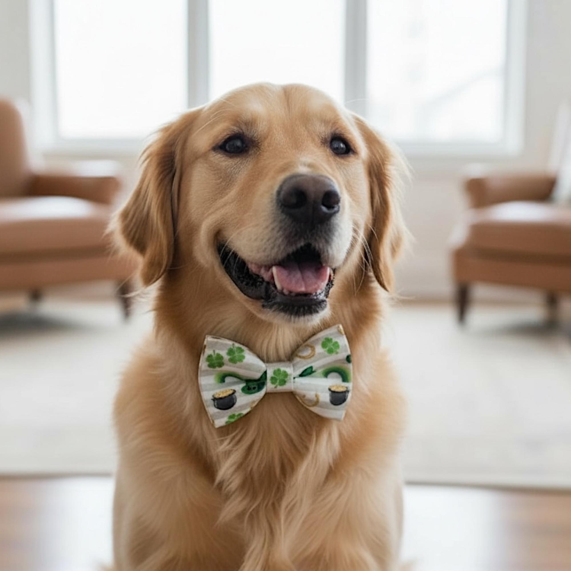 Golden retriever with a St. Patrick Day dog bow tie on his collar sitting in a living room.
