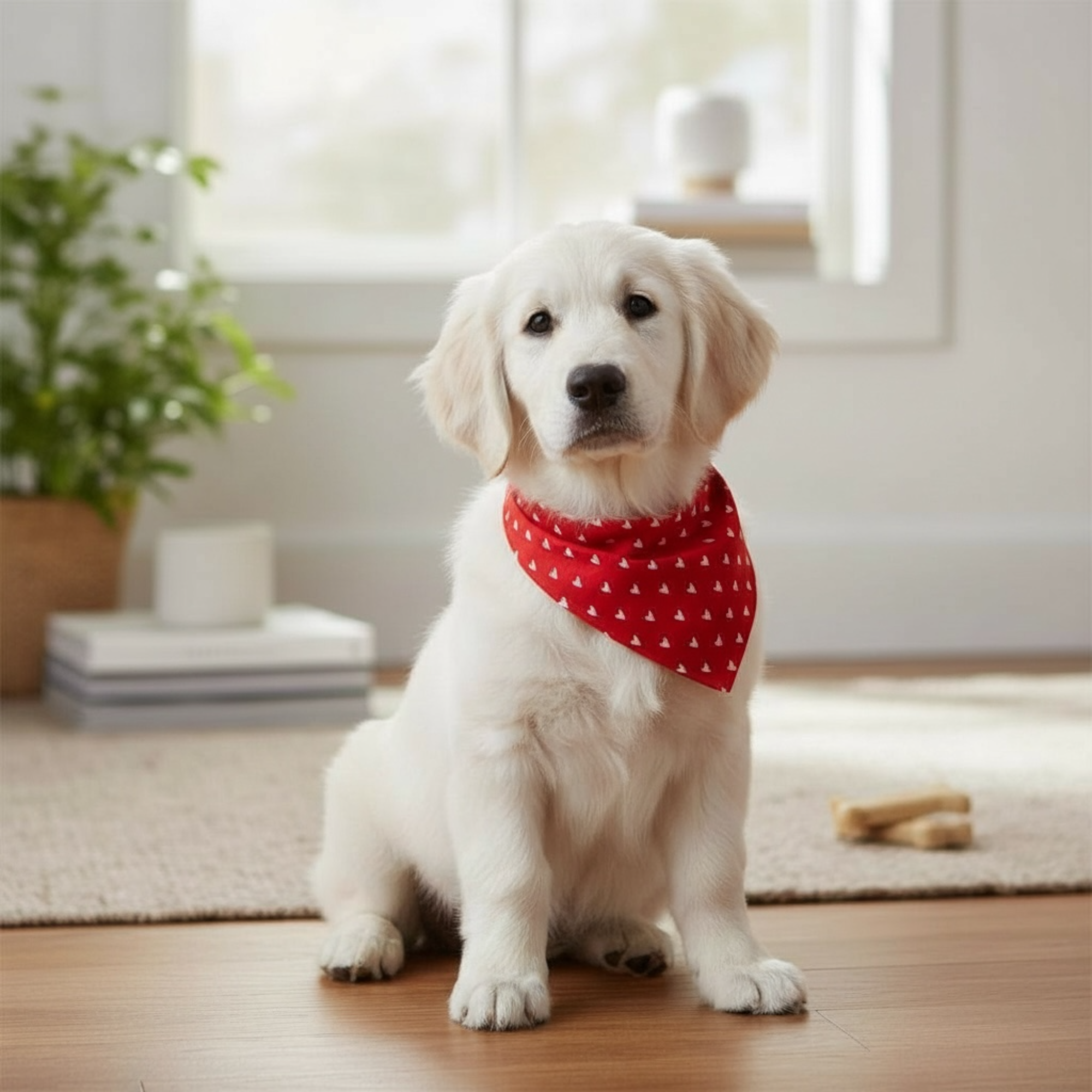 Valentines Day Dog Bandana | Red Heart Dog Valentine Bandana for Dog Gift On a white retriever puppy.