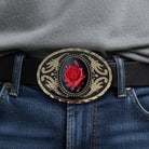 Gothic Belt Buckle featuring a red rose design on a gray shirt and blue jeans.