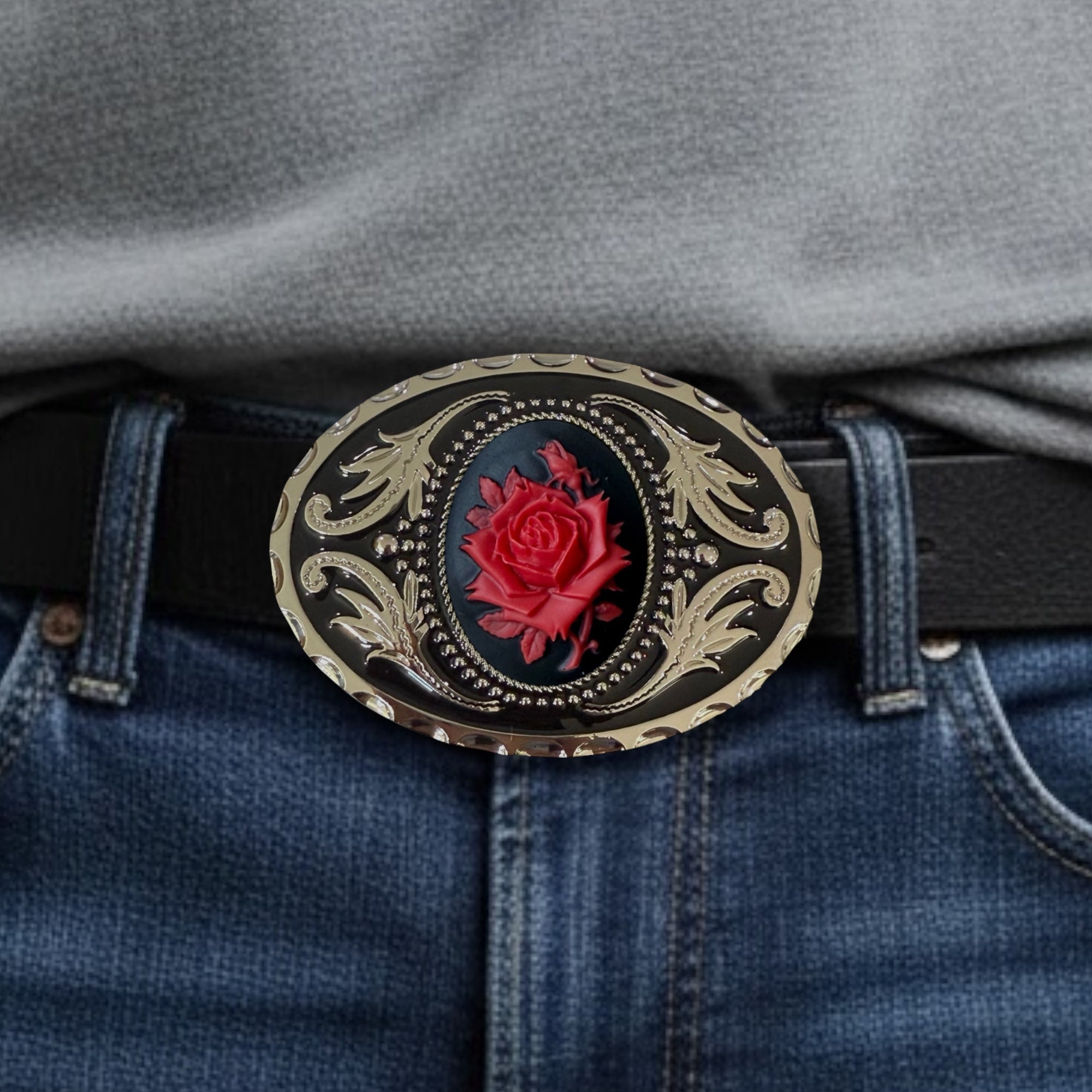 Gothic Belt Buckle featuring a red rose design on a gray shirt and blue jeans.