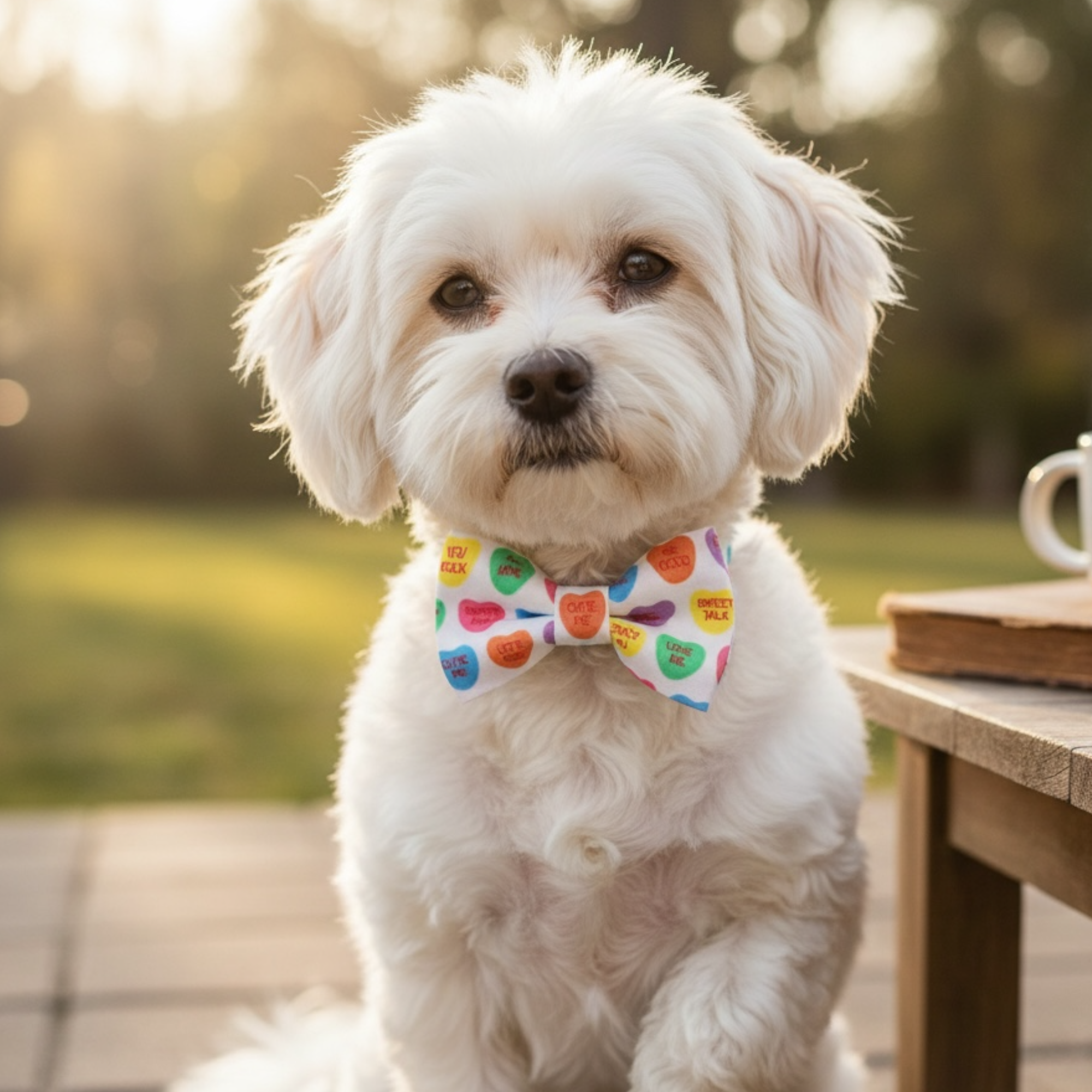 White dog wearing a conversation hearts dog bow tie outdoors