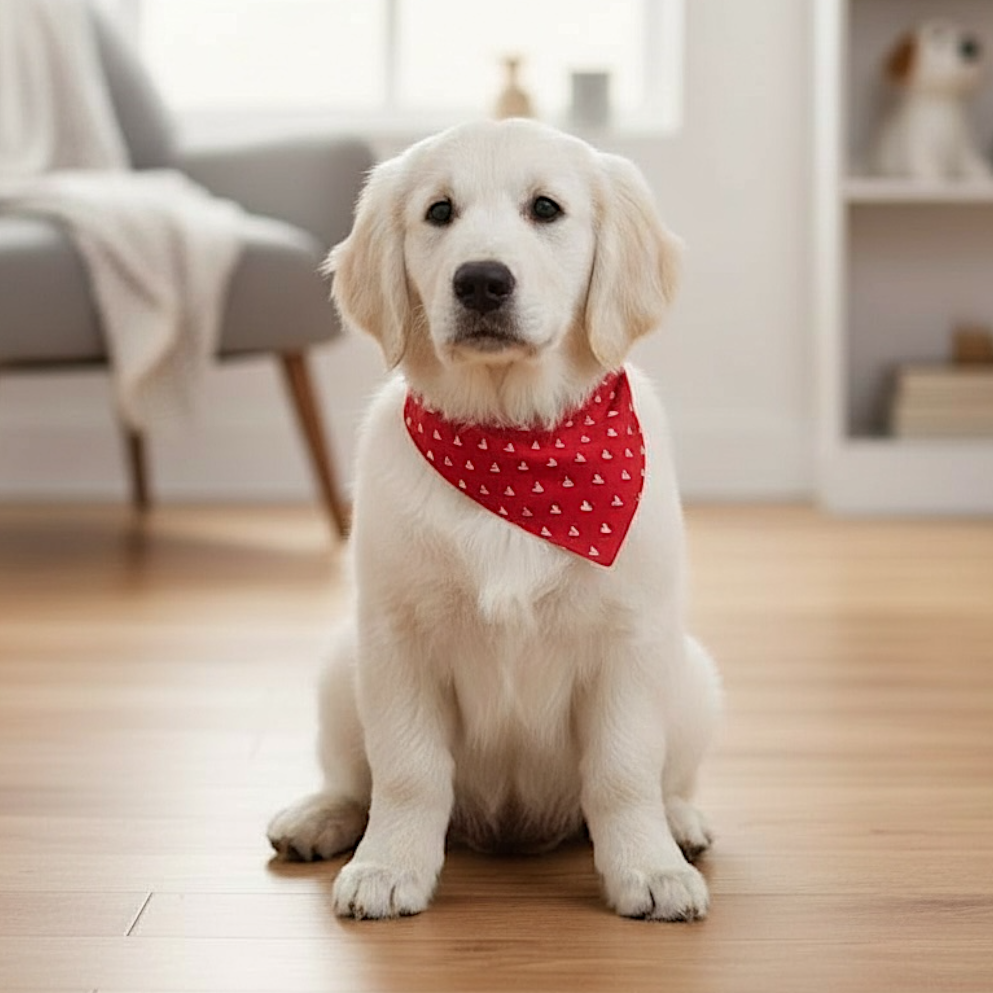 White retriever puppy wearing a Valentines Day dog bandana.