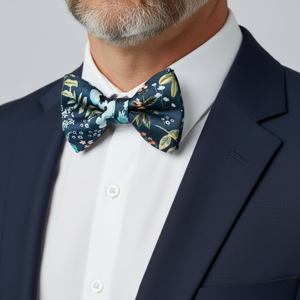 Groomsman wearing a navy floral bowtie for men in a wedding.