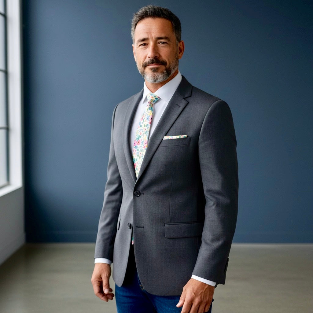 Man wearing a gray suit with a wedding floral tie against a blue wall.