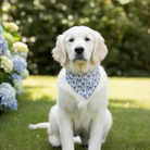 White dog wearing a blue floral dog bandana for a wedding dog ring bearer sitting on grass with flowers and trees in the background