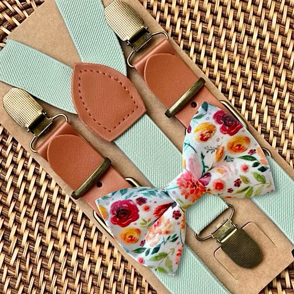 Warm Wildflower Floral Bow Tie Sage Green Suspenders Set Autumn Wedding Groomsmen Gift PreTied Cotton Neckwear Adjustable Brass Clips Mens Boho Botanical Braces