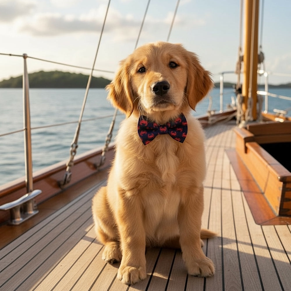 Dog wearing a crab nautical bow tie on a boat with water and sky in the background