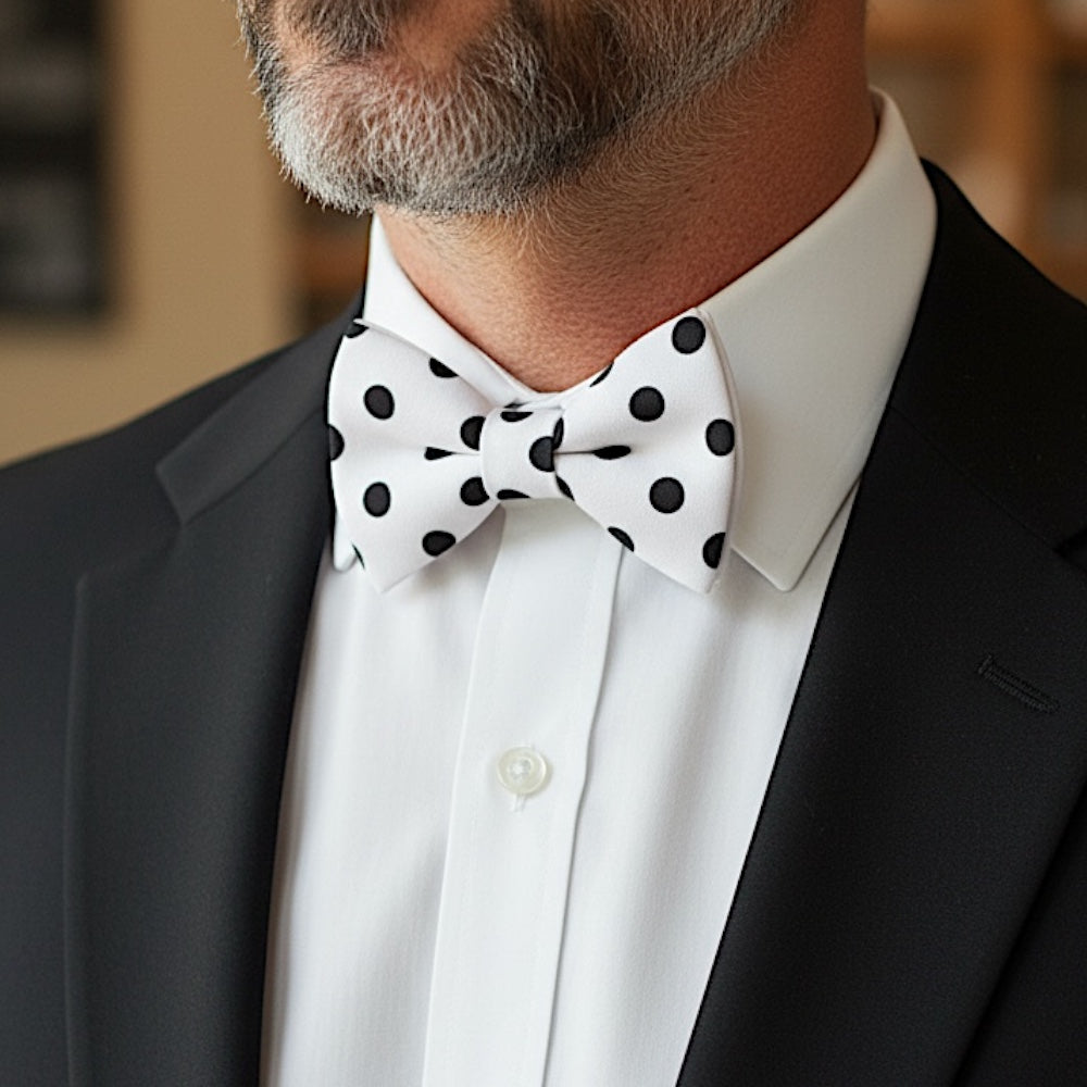 Polka dot bowtie on a man in a suit.
