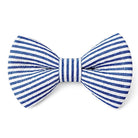 Navy blue and white seersucker striped bow tie for Easter on a white background.