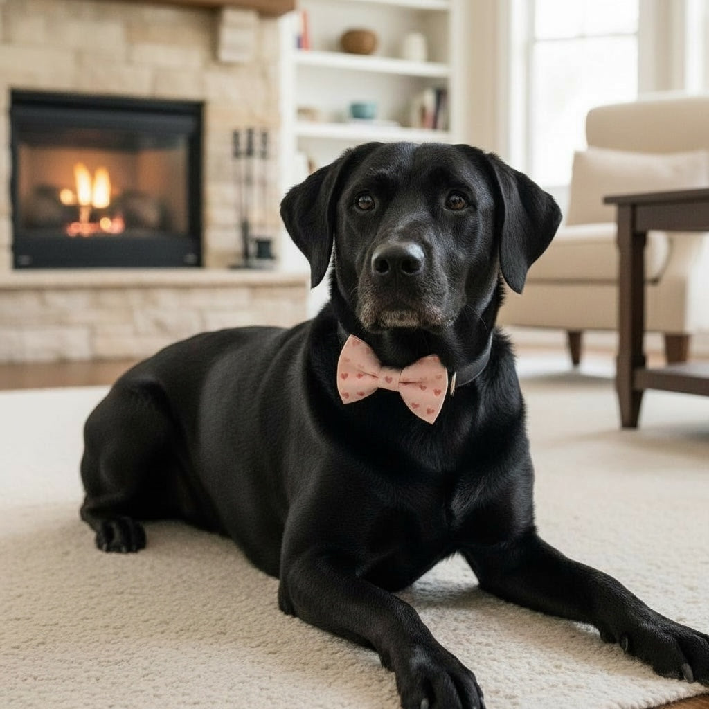 Black dog in a pink Valentines day dog bow tie sitting in a living room.