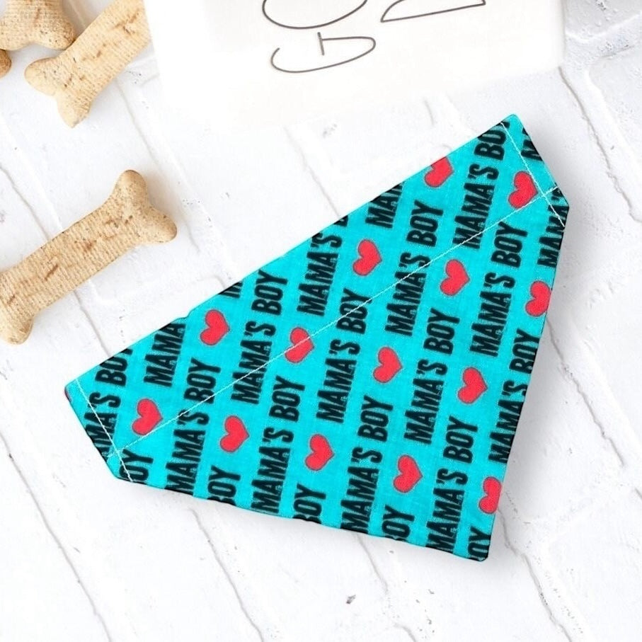 Blue Valentines Day dog bandana with 'Mama's Boy' text and red hearts on a white surface with dog toys.