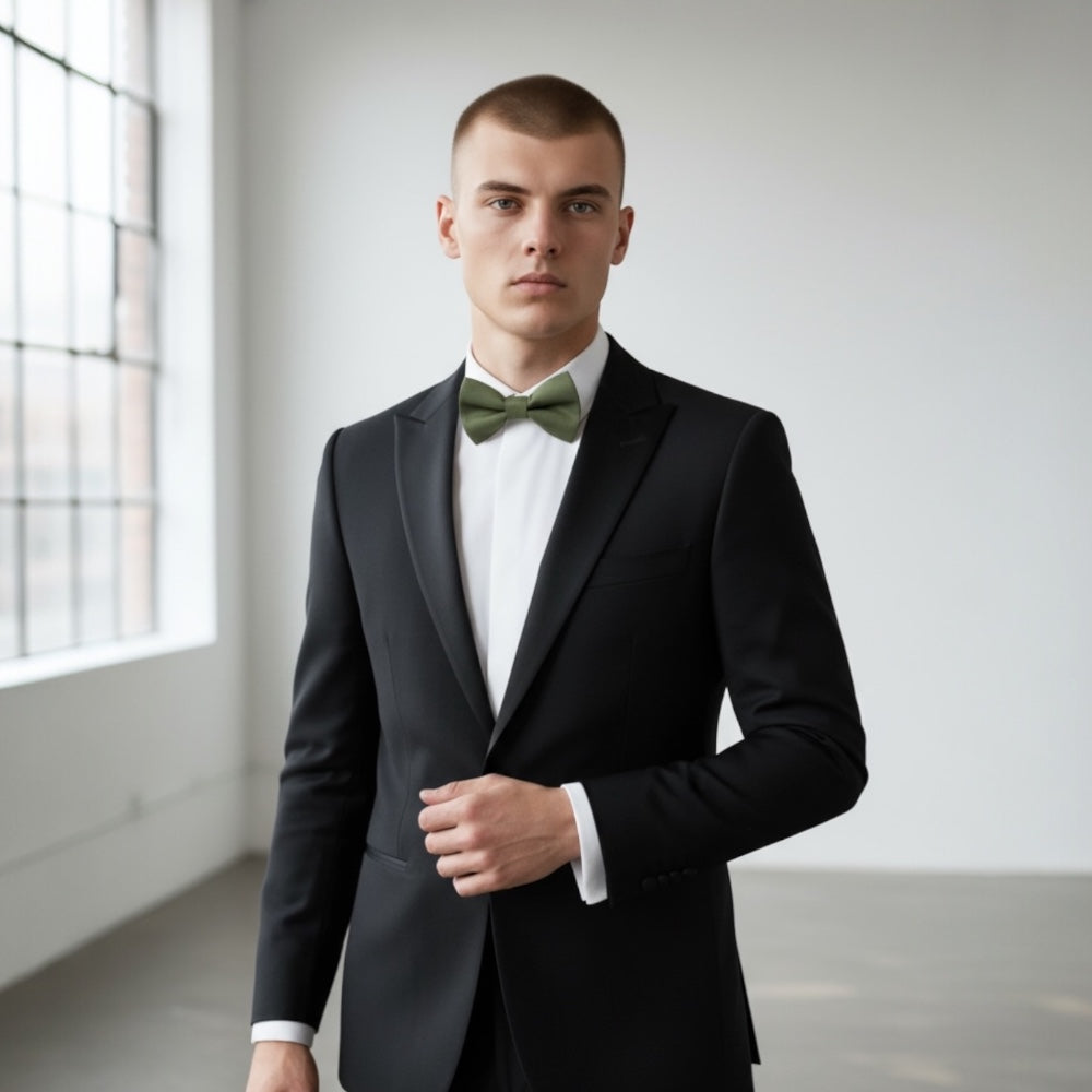 Groomsman wearing a black tuxedo with an olive green bow tie for a wedding.
