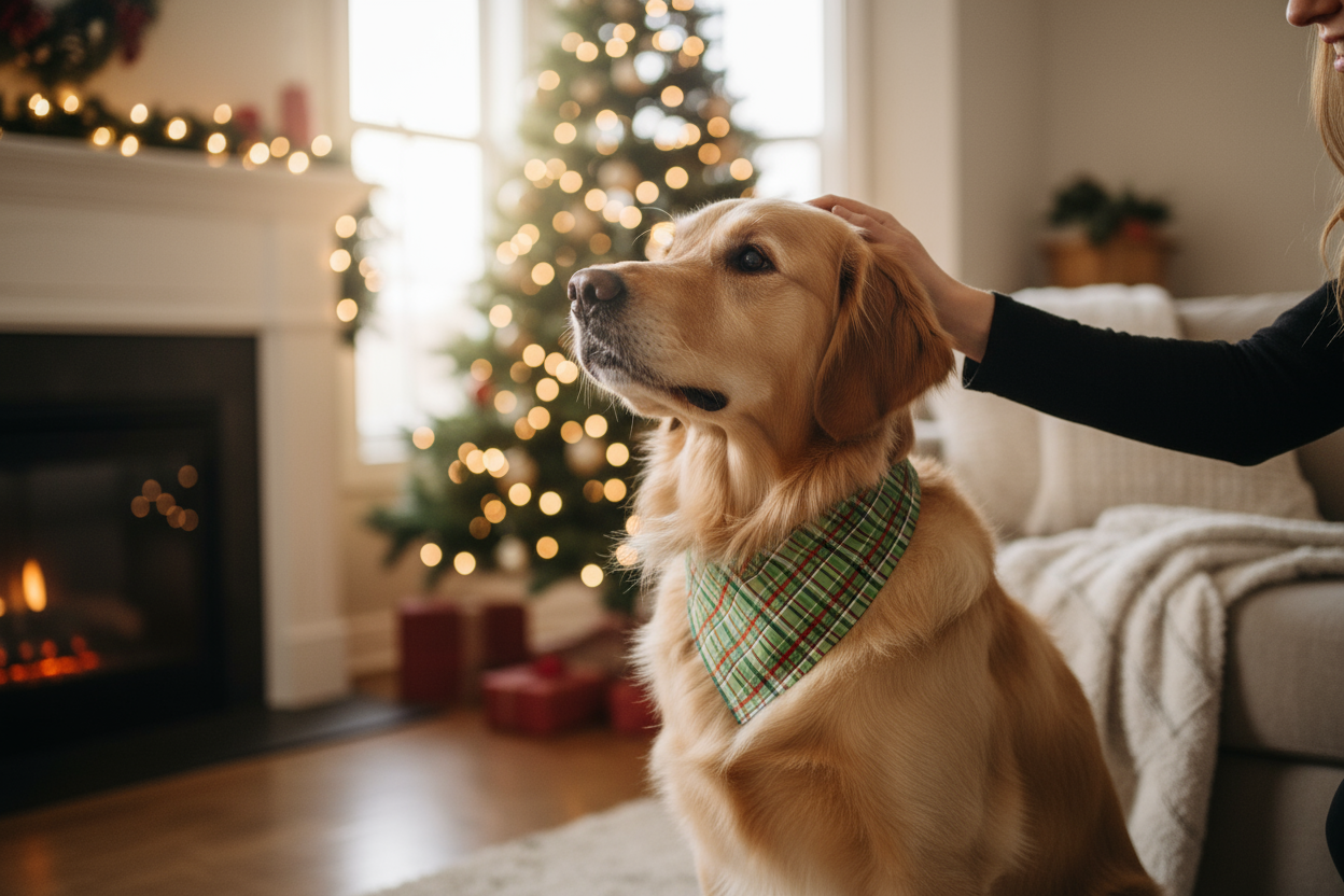 Dog wearing a green and red Christmas bandana in a cozy living room with a Christmas tree and fireplace.