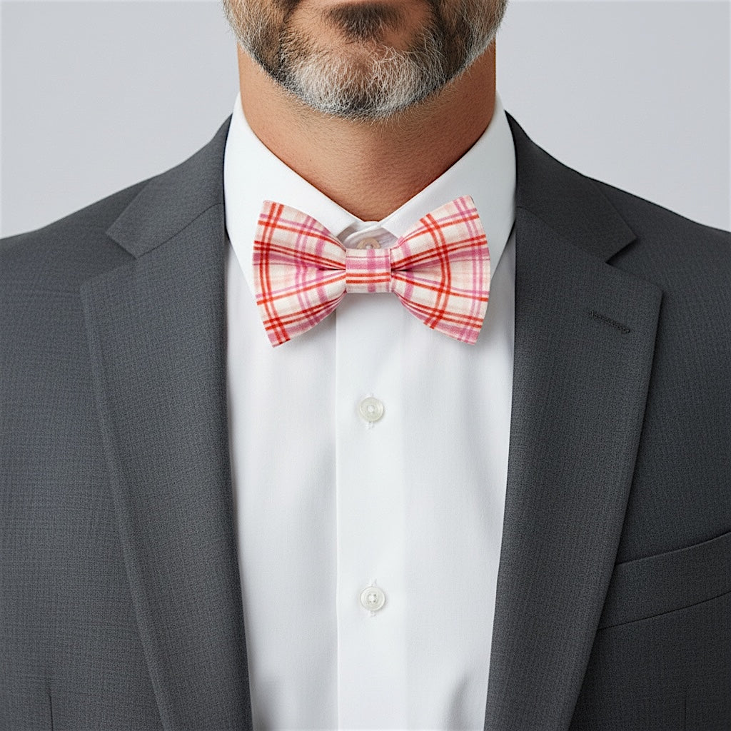 Man wearing a gray suit with a white shirt and a pink and red plaid bow tie for Valentines Day against a light gray background