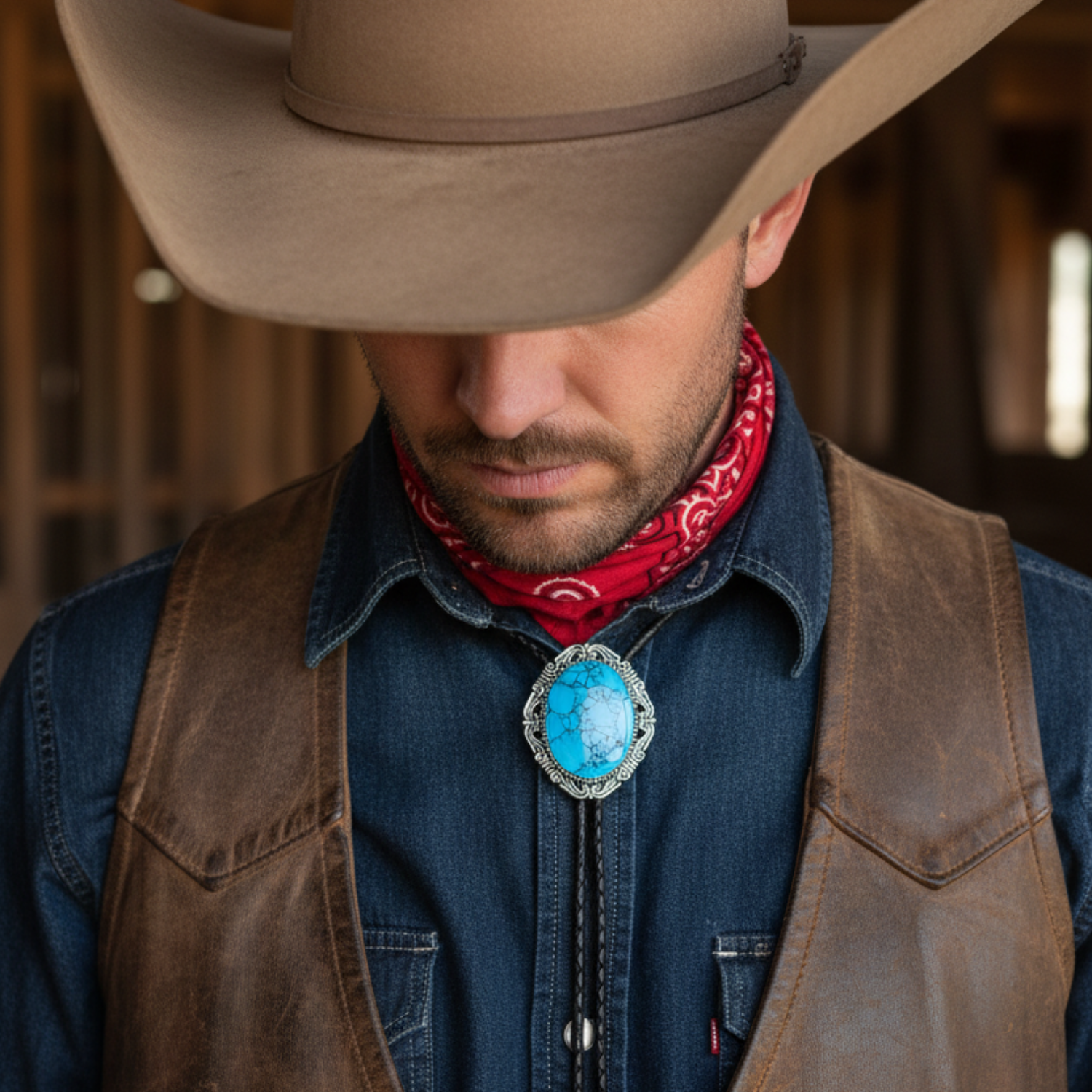 Cowboy wearing a Country Western Blue Bolo Tie.