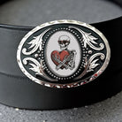 Skeleton Belt Buckle with Hearts, Valentine Western Accessory On a black leather buckle.