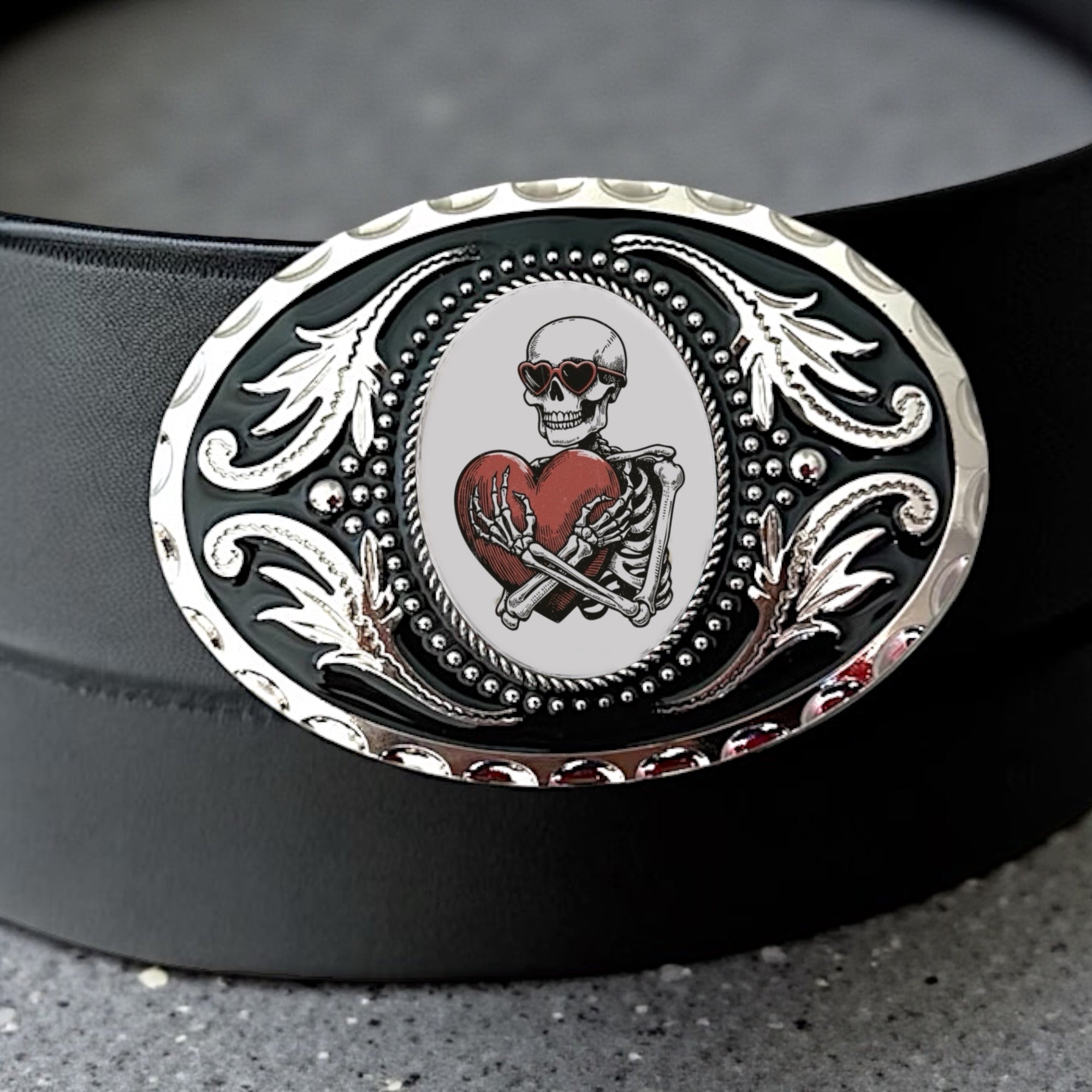 Skeleton Belt Buckle with Hearts, Valentine Western Accessory On a black leather buckle.