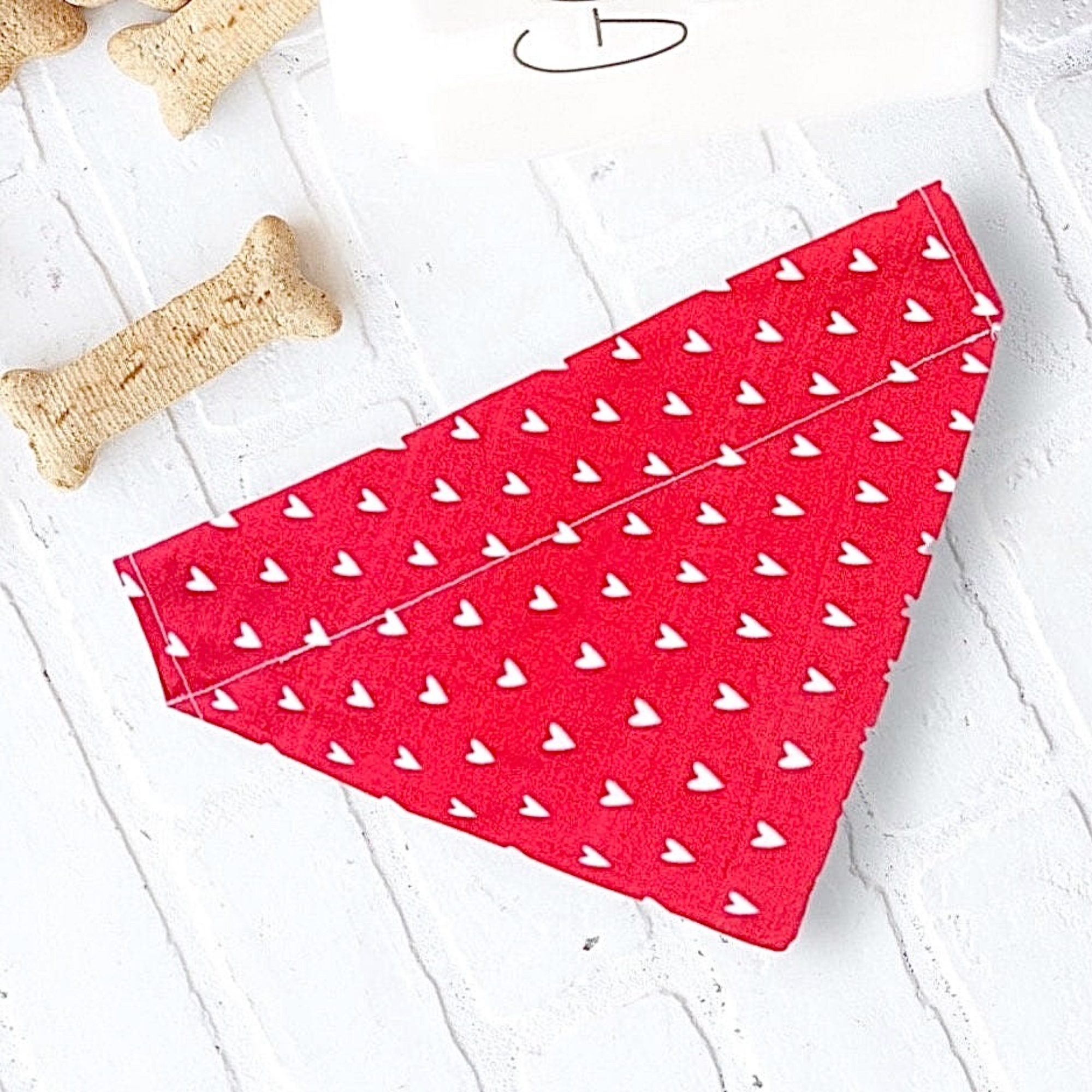 Red Heart Valentine’s Day dog bandana, over the collar.