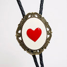Valentines Day Bolo tie with red heart design on a white background