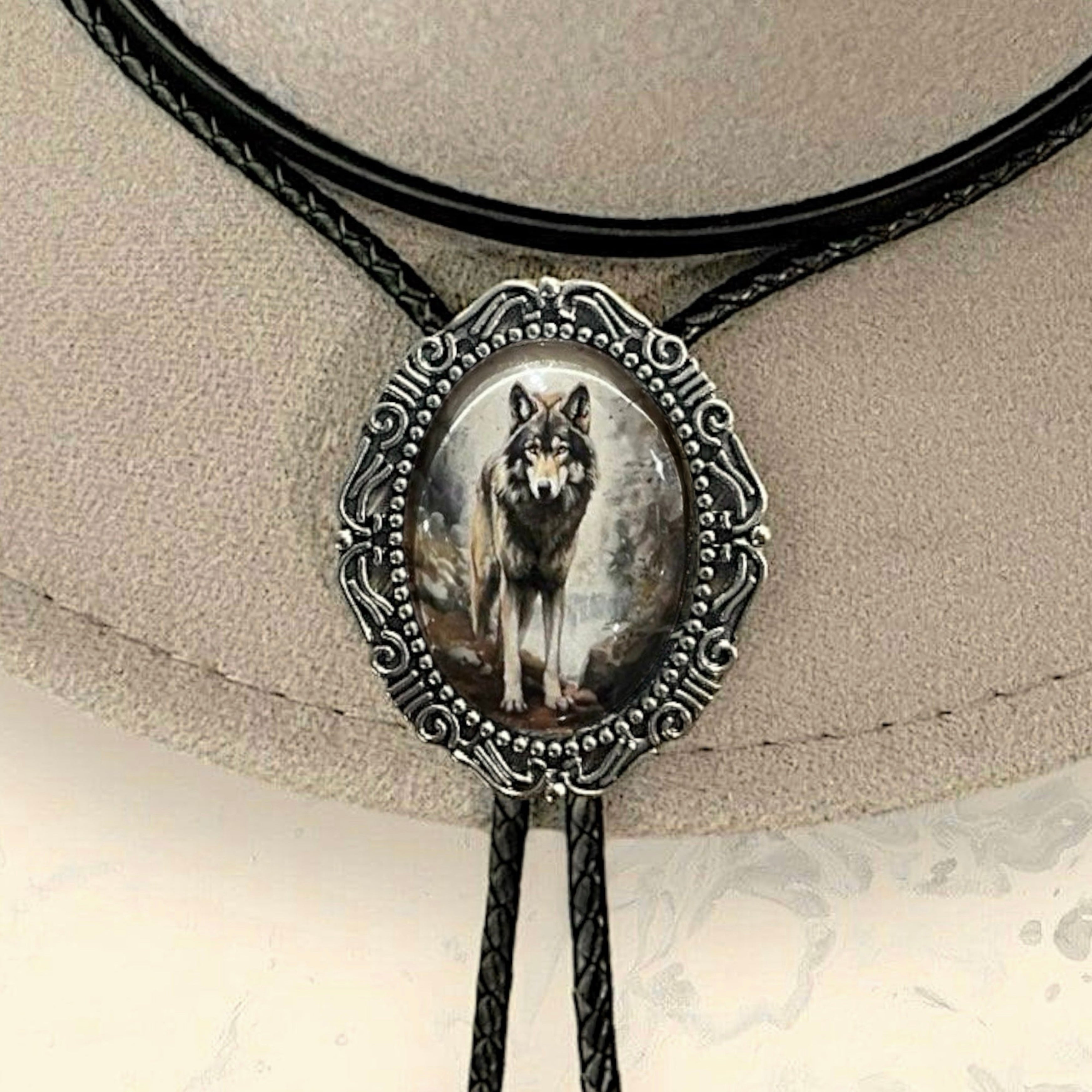 Silver Bolo Tie- w/ Gray Wolf Cowboy String Tie