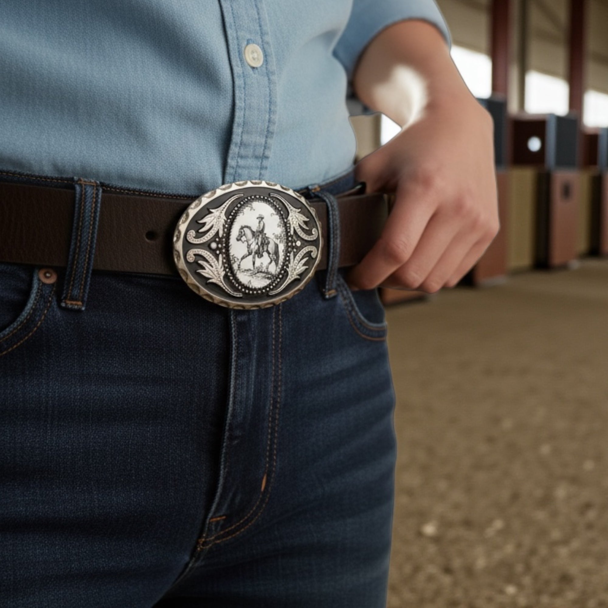 Person wearing a silver horse belt buckle in a horse barn.