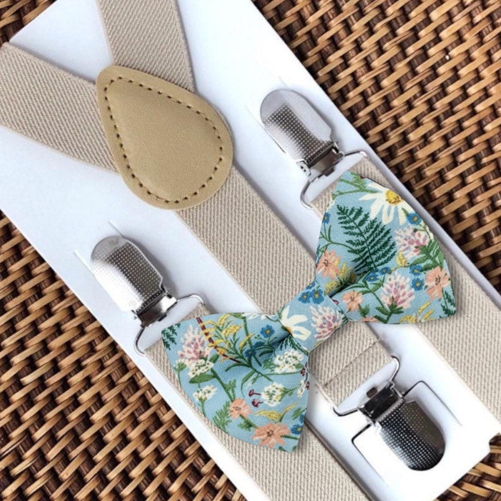 Dusty Blue Wildflower Bow Tie and Tan Suspenders Set for Men and Boys Pre tied Floral Wedding Necktie with Adjustable Tan Suspenders for Groomsmen and Ring Bearer Outfits