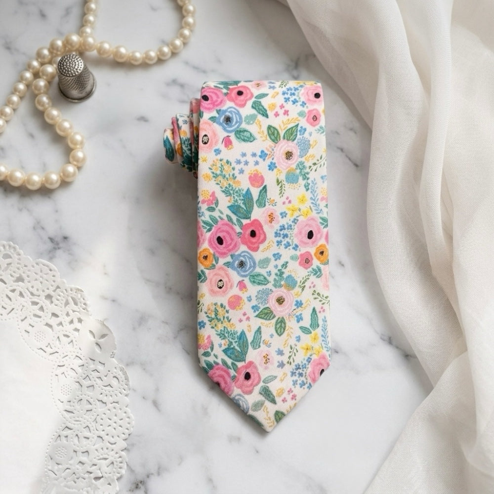Garden floral wedding tie for men and groomsmen in ivory, pink and green.