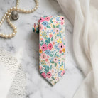 Garden floral wedding tie for men and groomsmen in ivory, pink and green.