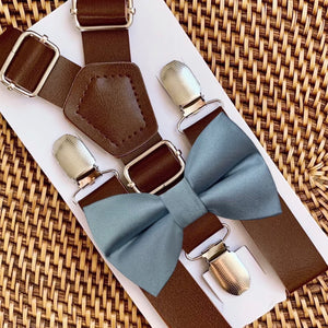 Dusty Blue Satin Bow Tie & Dark Brown Vegan Leather Suspenders Set