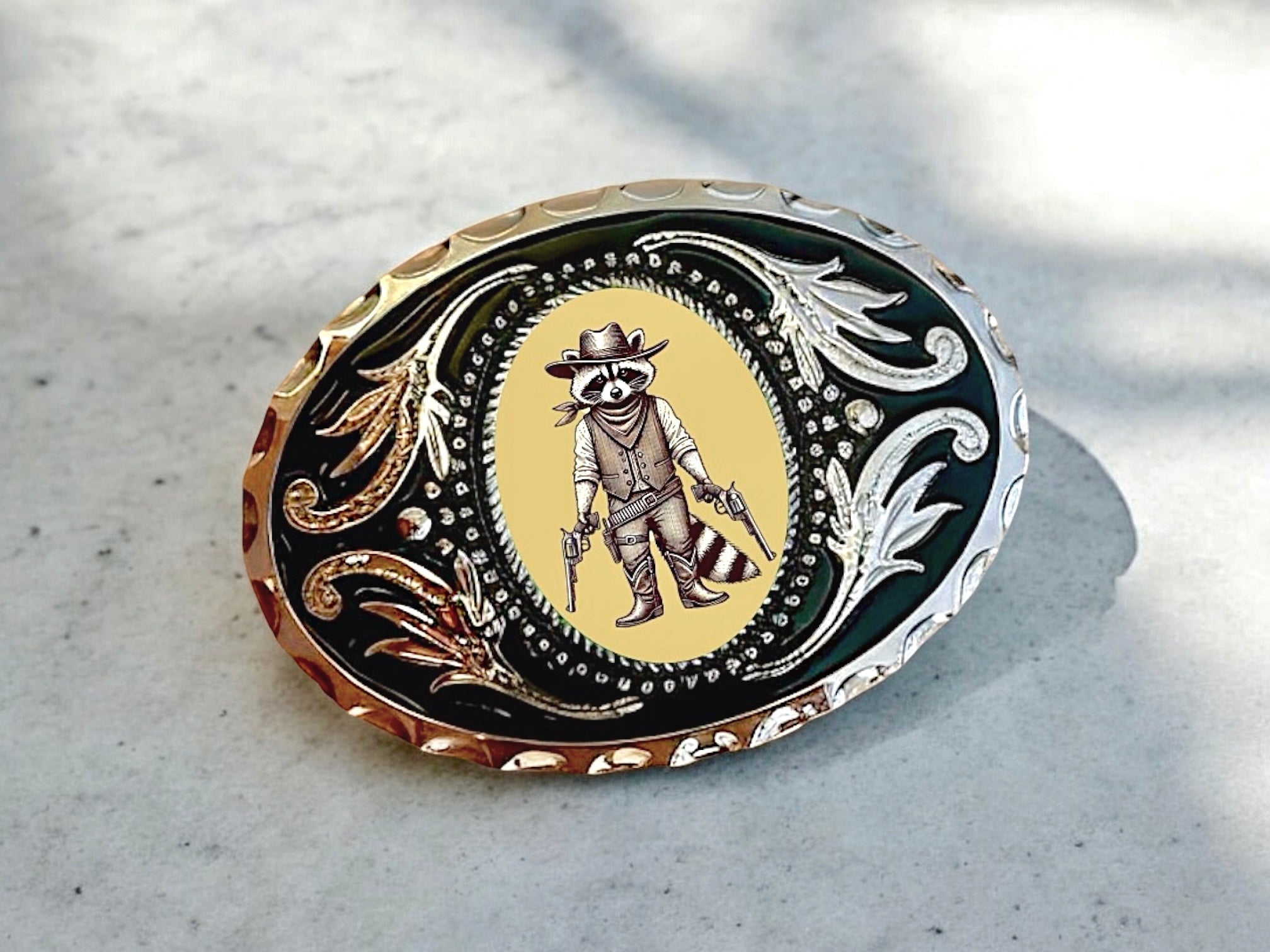 Raccoon with guns Belt Buckle Cowboy Western Accessory on marble table