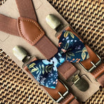 Load image into Gallery viewer, Navy Rifle Paper Co Bow Tie &amp; Cognac Buckle Suspenders

