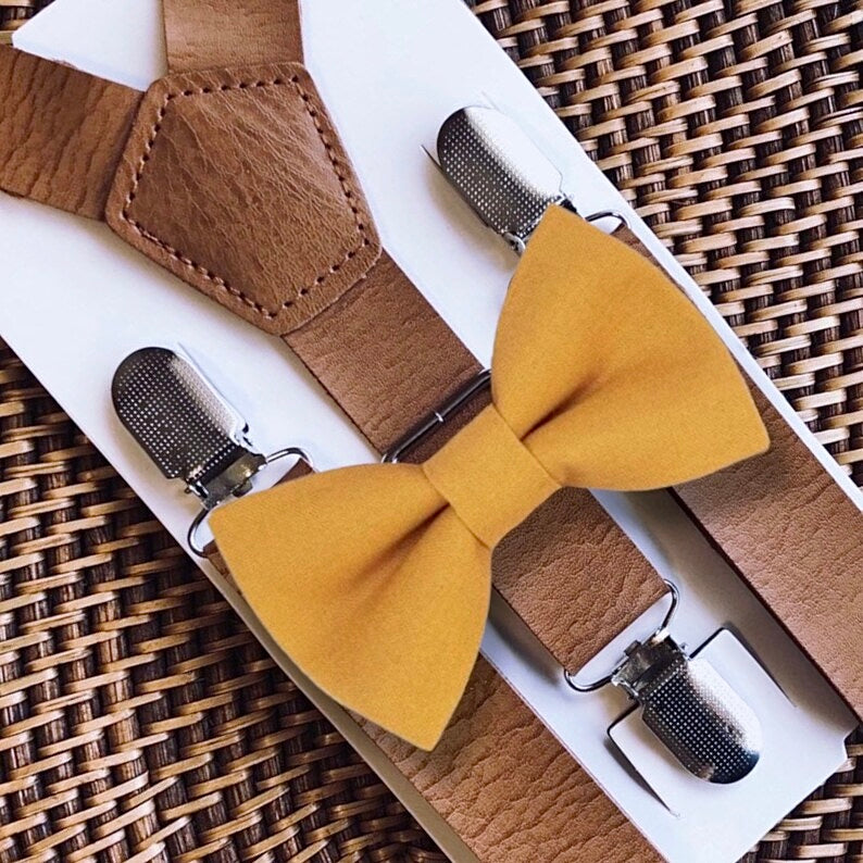 Mustard Bow Tie & Tan Vegan Leather Suspenders Set