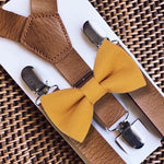 Load image into Gallery viewer, Mustard Bow Tie &amp; Tan Vegan Leather Suspenders Set
