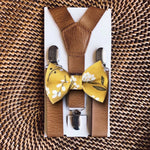 Load image into Gallery viewer, Mustard Floral Bow Tie &amp; Tan Vegan Leather Suspenders Set
