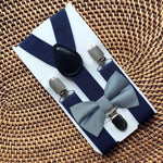 Load image into Gallery viewer, Dusty Blue Satin Bow Tie &amp; Navy Suspenders Set
