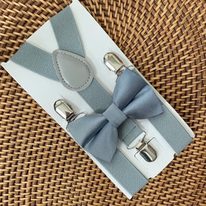 Dusty Blue Satin Bow Tie & Light Gray Suspenders Set