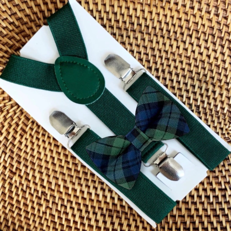 Blue and Green Tartan Plaid Bow Tie & Hunter Green Suspenders Set