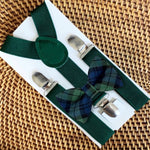 Load image into Gallery viewer, Blue and Green Tartan Plaid Bow Tie &amp; Hunter Green Suspenders Set
