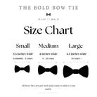 An image chart detail: The chart specifies bow tie sizing for ages 6 months to 13 years and up, with small being 3.5 inches wide, medium 4 inches wide, and large 4.5 inches wide. Icons and width measurements are proportionally scaled.