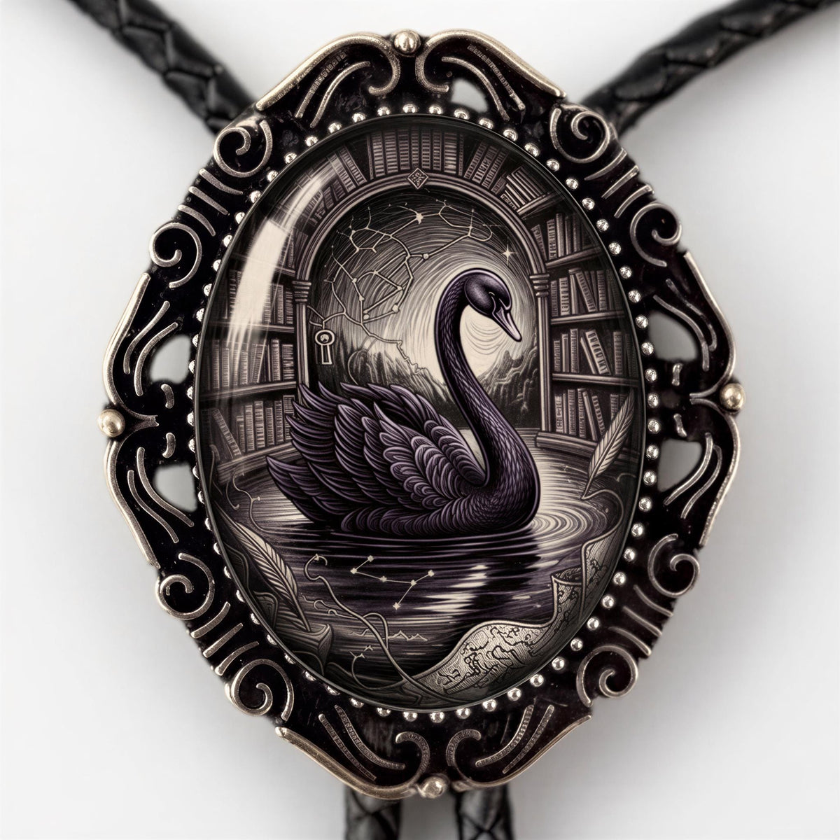 A decorative pendant featuring a black swan swimming in a pond, surrounded by books and a starry sky.