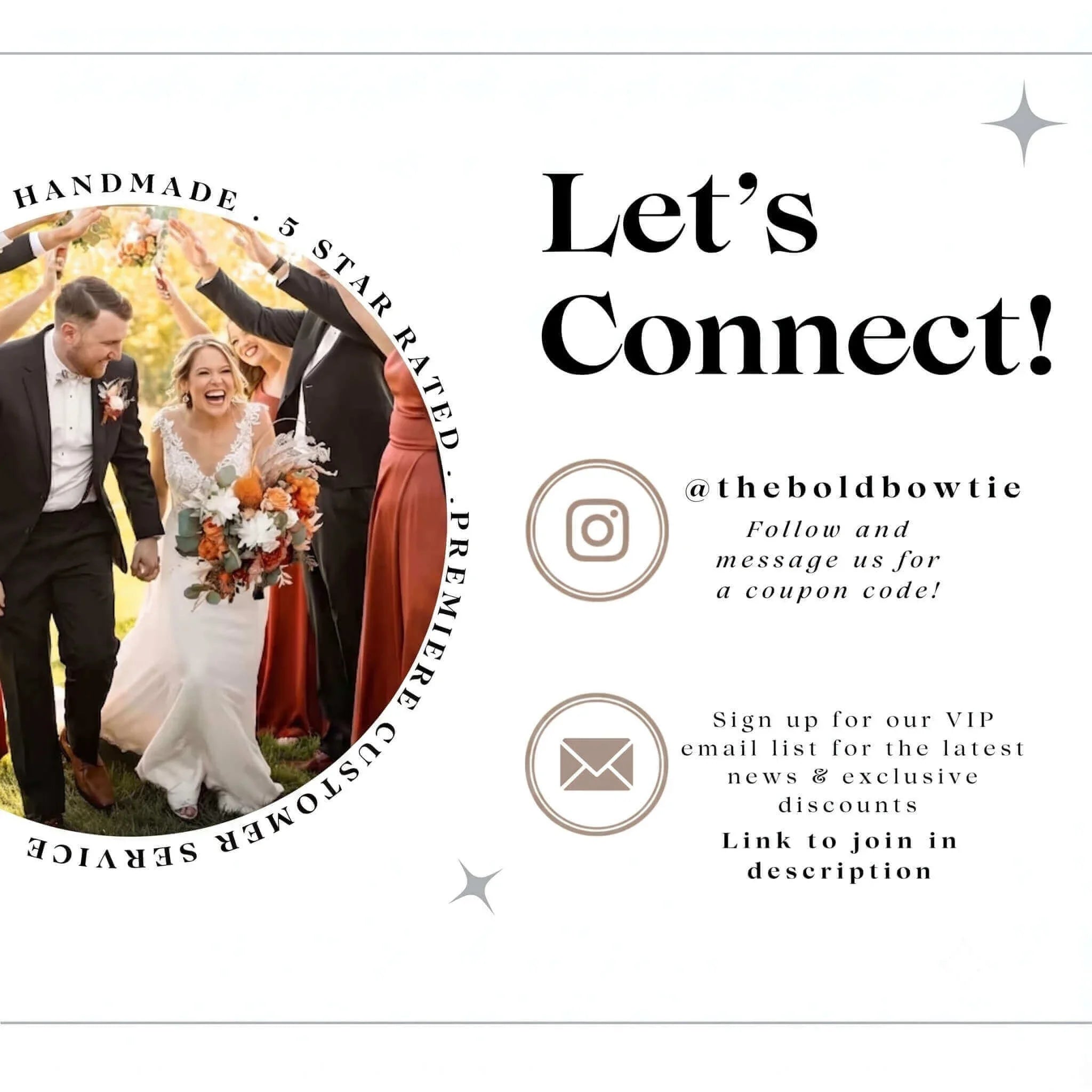 The image is a collage featuring a bride and groom surrounded by their wedding party, with a focus on the couple and their celebration.