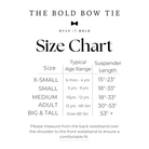 The image is a size chart that provides the typical age range and length for different bow tie styles, including X-small, small, medium, adult, big & tall, and over 6 feet tall. It is designed to help customers find the appropriate bow tie size based on their age and height.