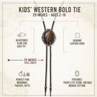 The image is a detailed description of a 29-inch kids' Western Bolo tie, including its adjustable slide for easy fit, genuine leather cord, total length, and features such as perfect for weddings, parties, and gifts.