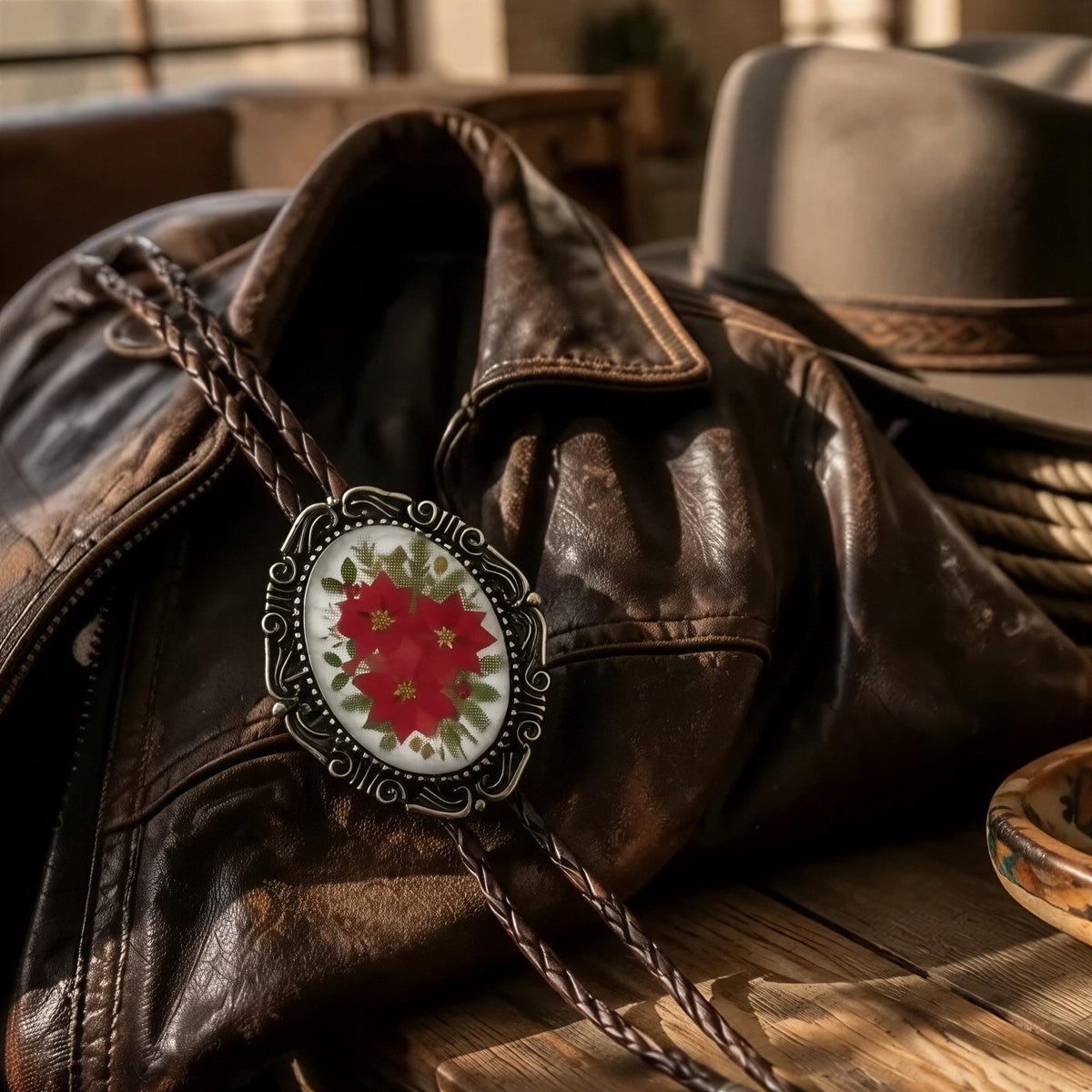 High-resolution photo showcasing the intricate decorative scrolling wirework bezel surrounding a glass cabochon encasing a vibrant Christmas theme with red flowers and green holly berries.