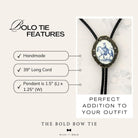 a handcrafted Bolo Tie with a long leather cord, a pendant that is 1.5" (L) x 1.25" (W), and a perfect addition to your outfit.