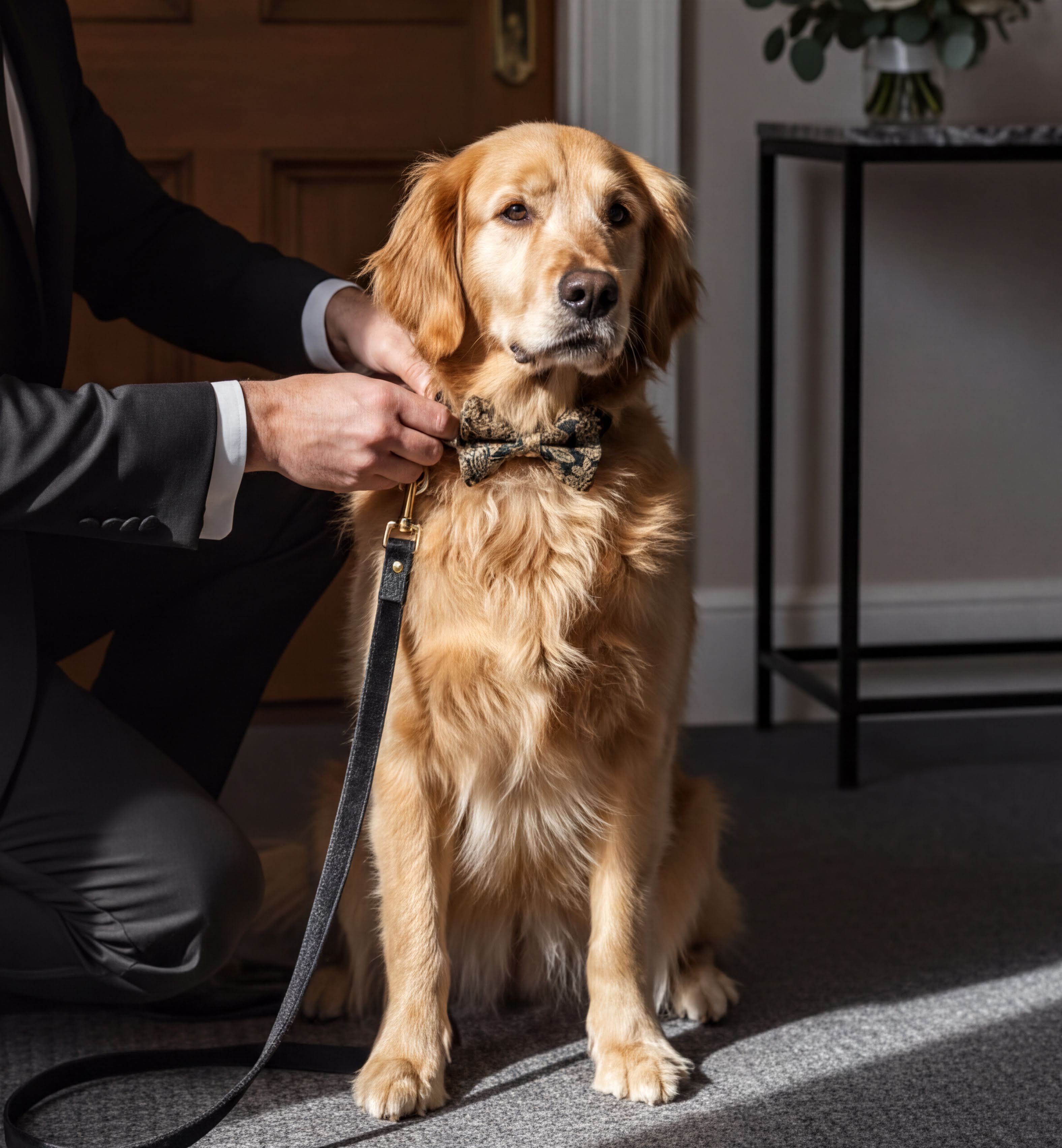 A golden retriever wearing a bow tie is being dressed by a person in a suit, with a leash attached to the dog.