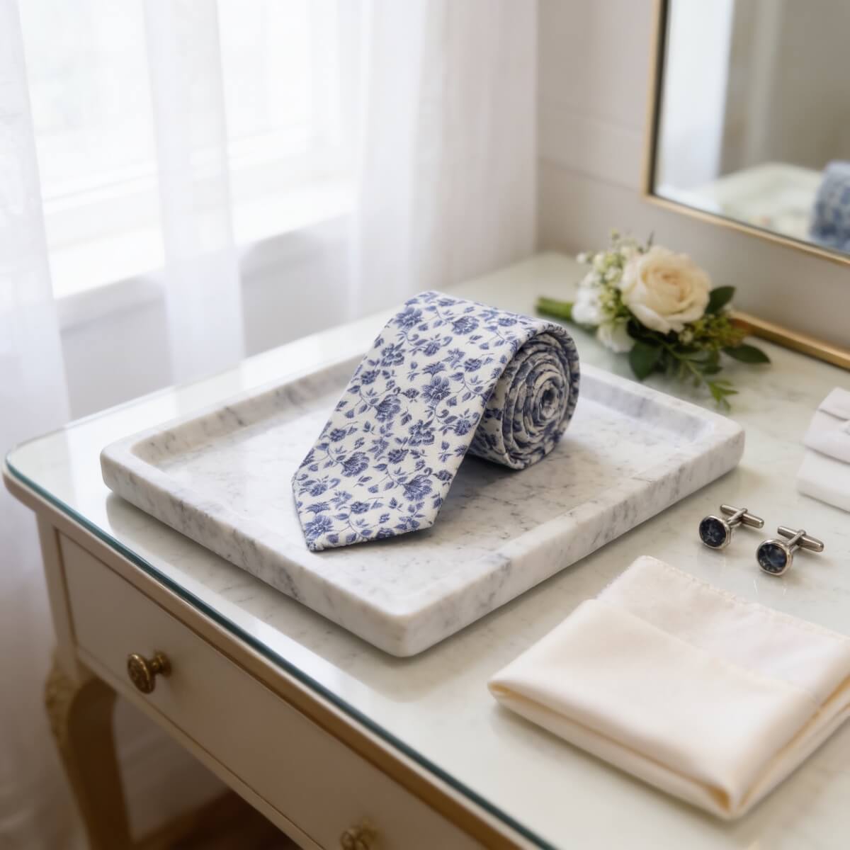 Floral mens tie ready to be worn in a wedding on a marble tabletop.