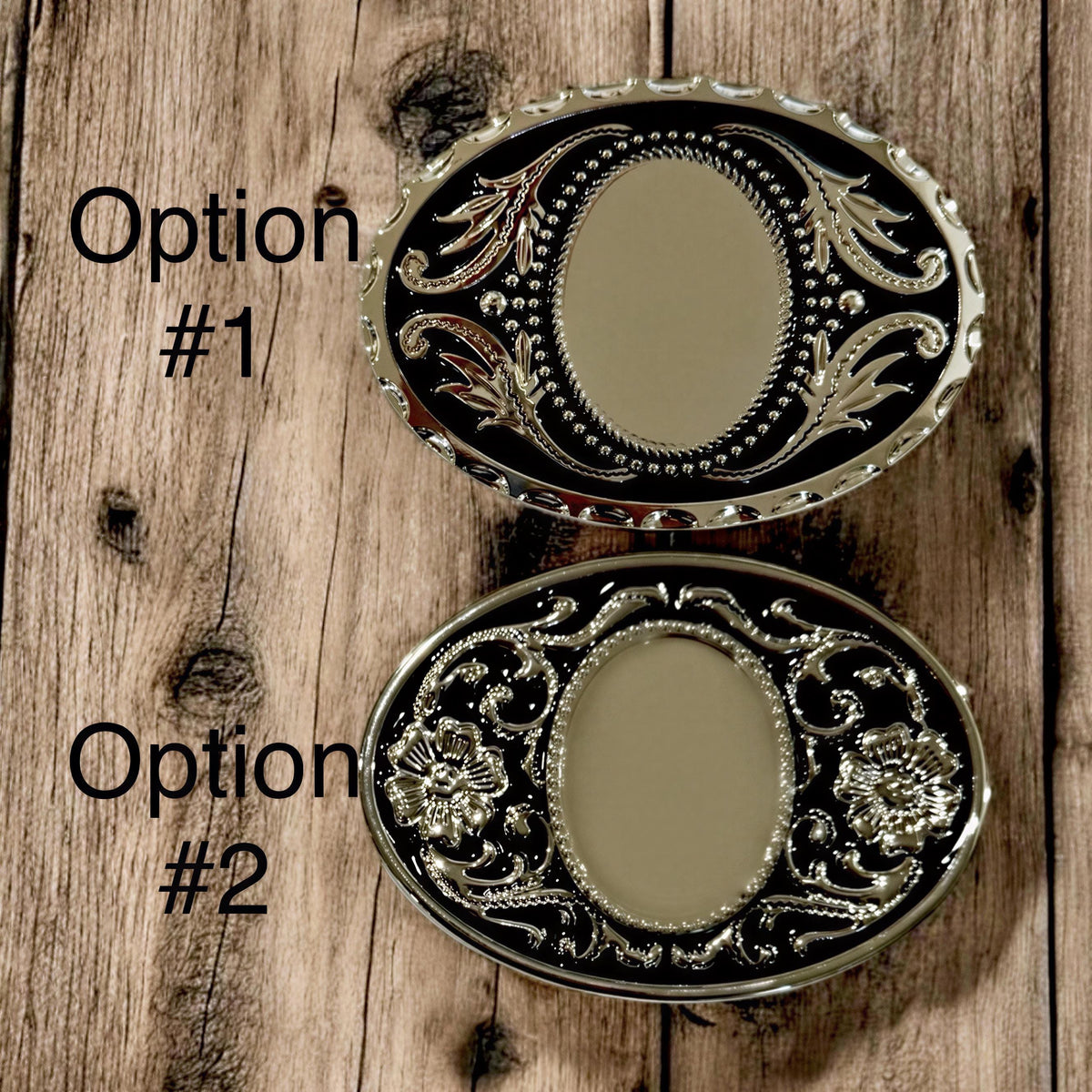 Two options of belt buckles: Option #1 has a leaf design and Option #2 has a floral design. Both are silver and black from The Bold Bow Tie.