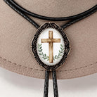 Mens western bolo tie wooden cross green laurel leaves antique brass oval black vegan leather cord.